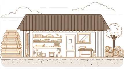 Artisan workshop illustration with tools and wooden supplies outdoors