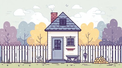 Cartoon house illustration garden fence trees sky and conceptual design