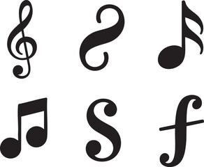 Six black musical notes and symbols on a white background including treble clef eighth note and forte