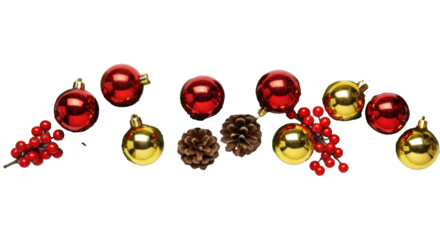 Fresh spruce, glossy red and gold ornaments, pine cones, and red holly berries in a flat lay on a transparent background, cheerful holiday season atmosphere