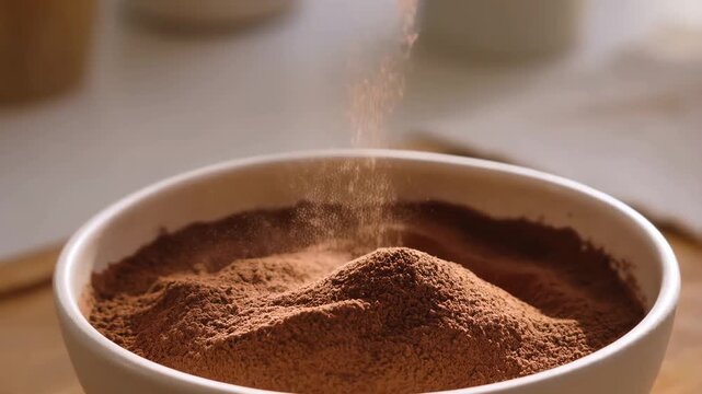 Slow-motion spoon lifting and releasing fine chaga mushroom and cacao powder blend in a white bowl for immunity latte preparation