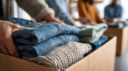 Donation drive with folded clothes in cardboard box for community support and charity