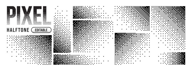 Square pixel fade with pattern dither background and dot effect line. Vector rectangle illustration with simple brick techno and geometric transform icon. Explosion fragment square.