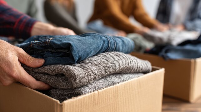 Teamwork in charity donation drive with group folding clothes for community support - Powered by Adobe