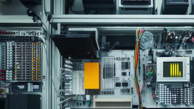 Complex electronic circuit board layout with various components and connections in a high-tech environment