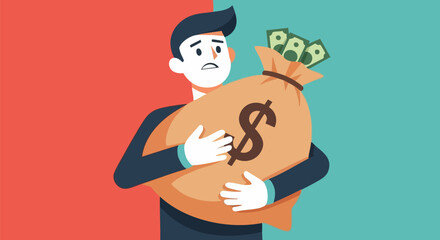 Anxious man clutches large money bag with dollar sign illustration background © Raheel