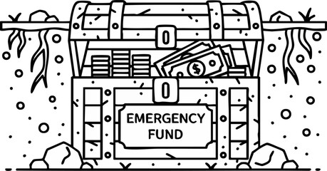 Buried treasure chest labeled emergency fund with money and coins