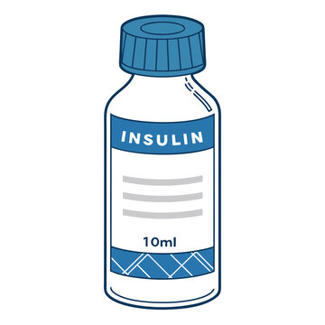 "Insulin medication vial flat vector illustration with blue screw cap and 10ml label for diabetes healthcare, pharmaceutical icon for medical design"

