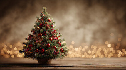 Christmas tree decorated with red ornaments on wooden background  