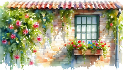 Flowery home with window surrounded by colorful flowers and vines  
