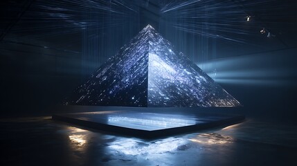A monolithic structure made of black glass and circuitry, emitting pulsing light from hidden engravings, hovering in a void with data streams orbiting it, 