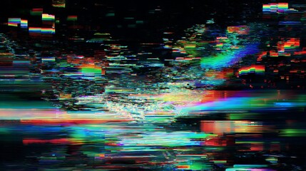 A digital portal tearing open in midair, glitch patterns, RGB distortions, pixel fragments floating around, eerie and high-tech composition, 