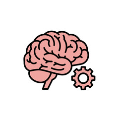 Pink brain icon with a gear symbol representing thinking and mechanism isolated on white background, Vector