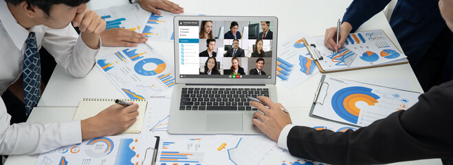 Business people on video conference for brisk virtual group meeting of corprate business office workers