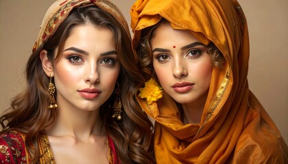 Obraz premium Two women in traditional attire pose together, showcasing cultural heritage and elegance in a studio setting with soft lighting
