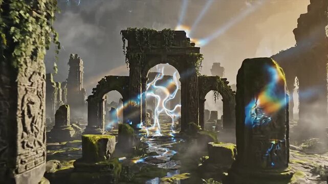 Ancient Ruins with Mystical Energy and Sun Rays.