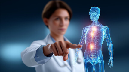 Medical professional points at digital human anatomy model with emphasis on vital organs. Setting features a blue background, highlighting health and technology