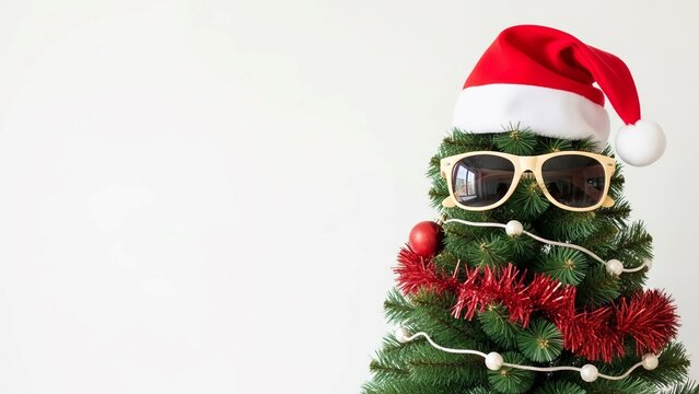 Minimalist concept of a Christmas tree wearing sunglasses and a Santa hat, isolated on a plain white background.