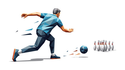Geometric illustration of a bowler throwing a bowling ball towards pins