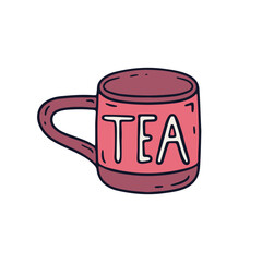 Hand drawn hygge doodle pink ceramic mug icon with text Tea vector illustration. Cozy home decor clipart
