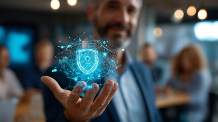 Faceless expert presenting to team, defocused cybersecurity display, data protection risks concept, professional training session, security education meeting, threat awareness pres