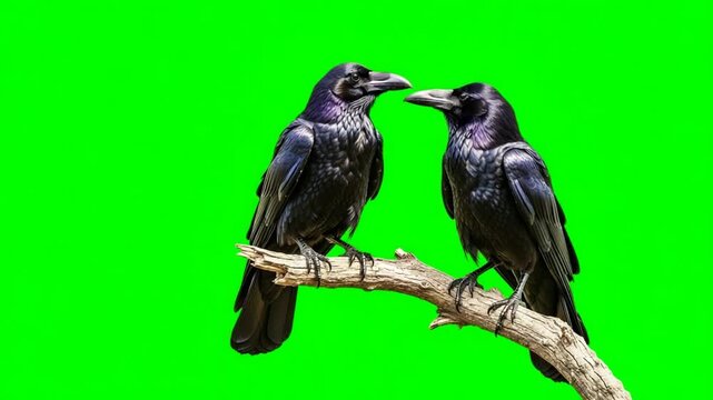 two ravens or black crows on a tree branch isolated on green screen background for vfx projects video