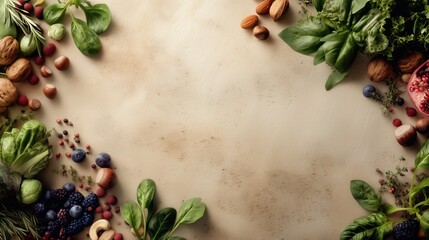 photorealistic top-view natural healthy food layout,   fresh produce leafy greens, nuts, berries, herbs along edges, blank center space