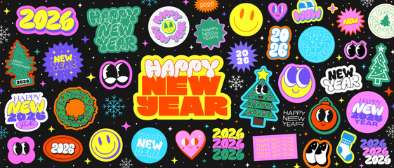 Cool Happy New Year Funky Stickers Collage. Groovy Patches Merry Chrismtas Pattern.