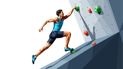 Geometric illustration of a man climbing a rock wall, reaching for a hold.