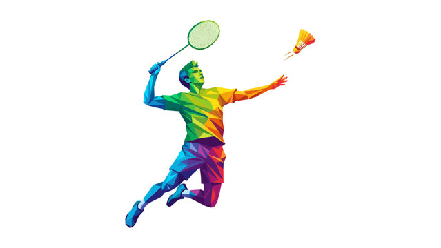 Colorful geometric illustration of a badminton player hitting a shuttlecock