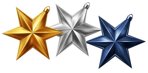 Obraz premium Three realistic metallic stars gold silver blue isolated on transparent background