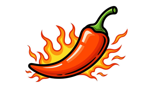 A vibrant cartoon illustration depicts a bright red chili pepper engulfed in stylized orange and yellow flames showcasing heat high quality