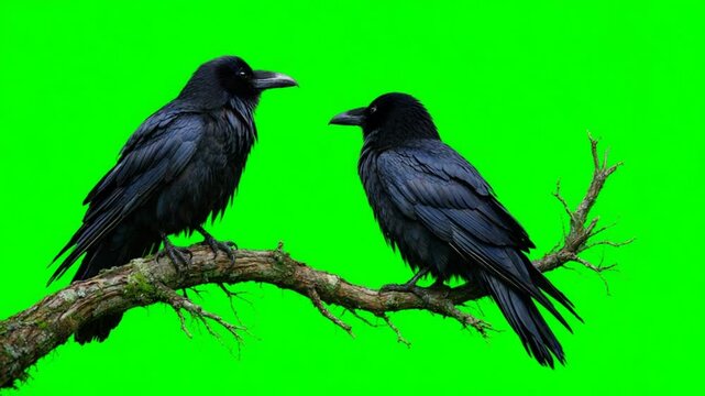 two ravens on tree branch isolated green screen video