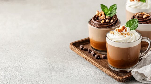 Layered Chocolate Desserts with Cream and Mint on Wooden Tray,Dessert ,Chocolate