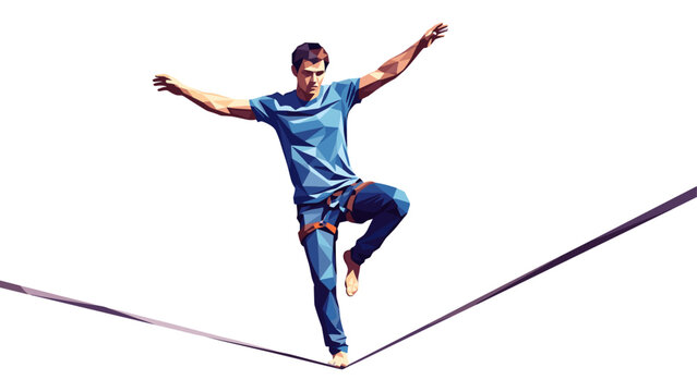 Man balancing on a slackline with arms outstretched against a white background