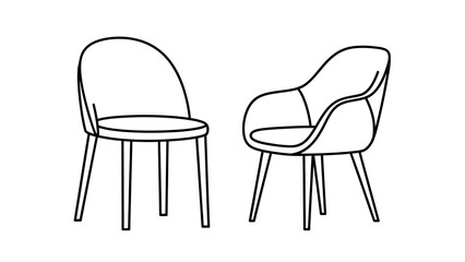 a simple black and white line drawing depicts two modern style chairs facing slightly different directions showing their forms high quality