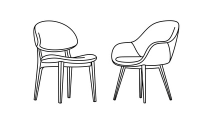 a simple black and white illustration depicts two modern armchairs with curved backs and wooden legs side by side high quality