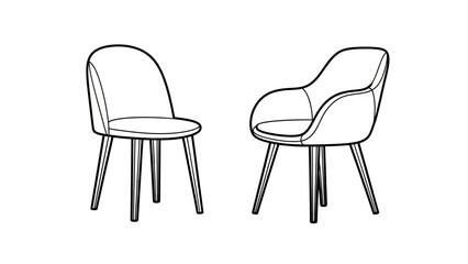 a simple black and white sketch depicting two modern dining chairs with curved backs and slender wooden legs side view