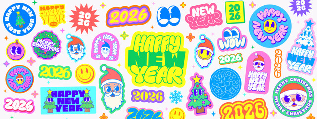 Plakat Cool Happy New Year Funky Stickers Collage. Groovy Patches Merry Chrismtas Pattern.