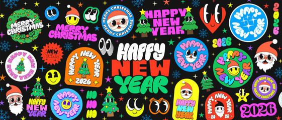 Cool Happy New Year Funky Stickers Collage. Groovy Patches Merry Chrismtas Pattern.