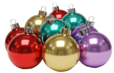 Colorful christmas ornaments grouping isolated on transparent background