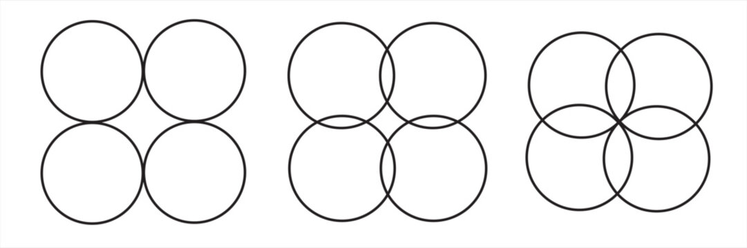 Four intersecting circles set. Circle Venn diagram with four parts. Infographic chart line icon. 4 overlap balance elements diagram. Vector illustration isolated on white background.