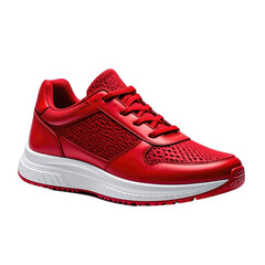 Vibrant red athletic shoe with white sole isolated on black background.