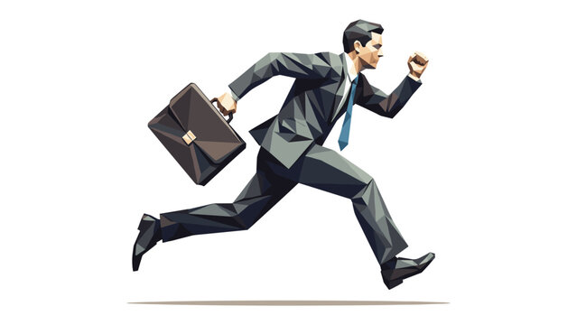 Businessman running with briefcase, low poly illustration on white background