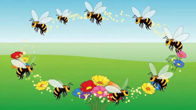 Animated Cartoon Bees Flying in a Circle Over a Green Meadow.