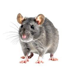 A close-up portrait of a damp, grey domestic rat with pink features against a stark black background.