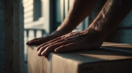 Hands carefully handling cardboard box in sunlit room