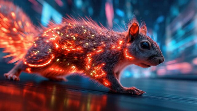 Vibrant squirrel with luminous red and blue fur zipping quickly through a modern, surreal setting, embodying swiftness, innovation, and high powered energy in a digital world
