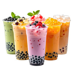An assortment of colorful and refreshing bubble tea drinks displayed against a black background.