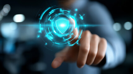 Faceless cybersecurity expert in high-tech control room interacting with futuristic augmented reality interface of glowing security shield icons, defocused holographic security man